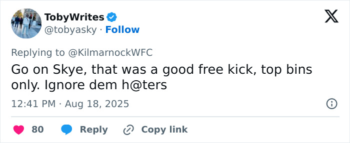 Tweet from TobyWrites supporting a 16YO footballer, praising her skills and advising to ignore trolls and hateful comments. Tweet from TobyWrites supporting a 16YO footballer, praising her skills and advising to ignore trolls and hateful comments.