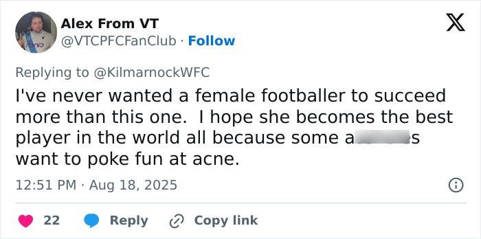 Tweet from a football fan supporting a 16-year-old footballer mocked for her looks, praising her response to trolls. Tweet from a football fan supporting a 16-year-old footballer mocked for her looks, praising her response to trolls.