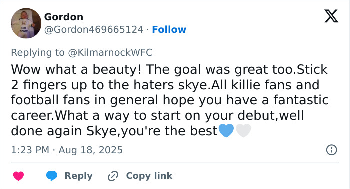Twitter reply praising 16YO footballer for her debut goal and shutting down trolls with a positive message. Twitter reply praising 16YO footballer for her debut goal and shutting down trolls with a positive message.