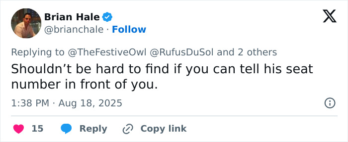 Tweet by Brian Hale discussing seat number visibility at a concert, relating to a viral mom punched unconscious incident.