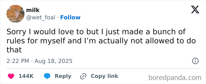 Funny and relatable tweet from August about setting personal rules to avoid handling more news, with 144K likes.