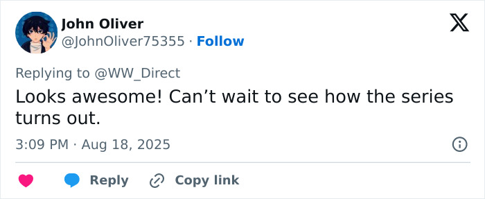 Screenshot of a social media reply expressing excitement about new photos of Harry Potter actors and set, sparking mixed reactions. Screenshot of a social media reply expressing excitement about new photos of Harry Potter actors and set, sparking mixed reactions.