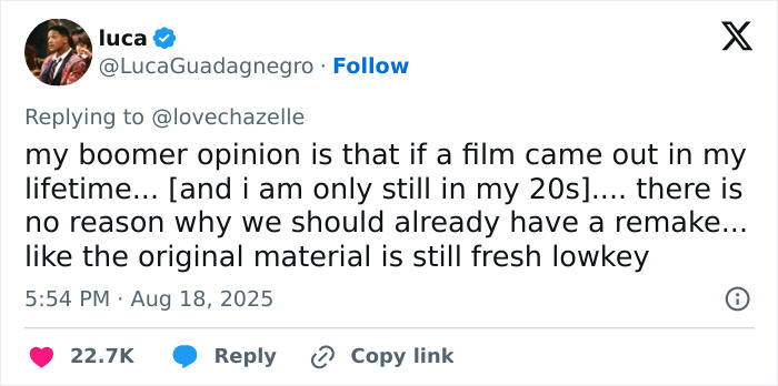 Tweet by Luca Guadagnegro sharing opinions on film remakes related to original Harry Potter series material. Tweet by Luca Guadagnegro sharing opinions on film remakes related to original Harry Potter series material.