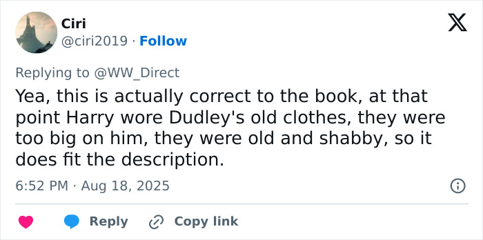 Tweet discussing Harry Potter wearing Dudley's old shabby clothes, sparking mixed reactions among Harry Potter series fans. Tweet discussing Harry Potter wearing Dudley's old shabby clothes, sparking mixed reactions among Harry Potter series fans.