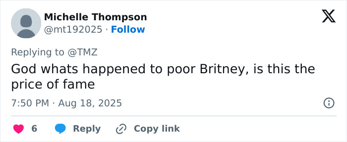 Twitter comment expressing concern about Britney Spears and the impact of fame on her well-being.