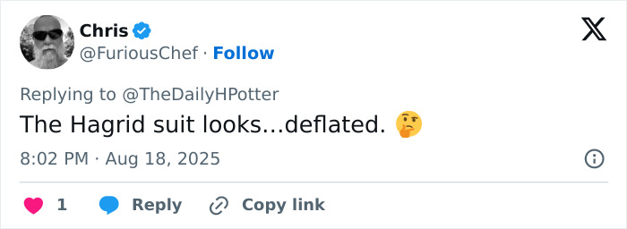 Screenshot of a tweet commenting on the deflated Hagrid suit from new photos of the Harry Potter actors and set. Screenshot of a tweet commenting on the deflated Hagrid suit from new photos of the Harry Potter actors and set.