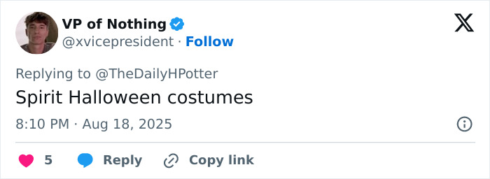 Screenshot of a social media reply mentioning spirit Halloween costumes related to Harry Potter series actors and set. Screenshot of a social media reply mentioning spirit Halloween costumes related to Harry Potter series actors and set.