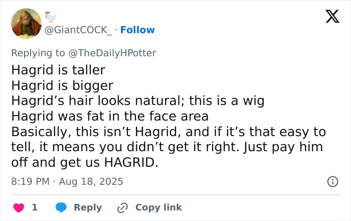 Tweet criticizing the look of the actor playing Hagrid in new Harry Potter series photos sparking mixed reactions. Tweet criticizing the look of the actor playing Hagrid in new Harry Potter series photos sparking mixed reactions.