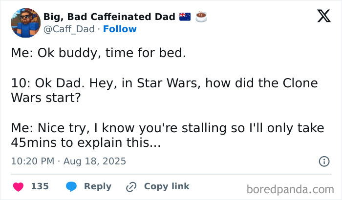 Screenshot of a humorous tweet about bedtime stalling, illustrating parent humor and tweets that might make you chuckle.