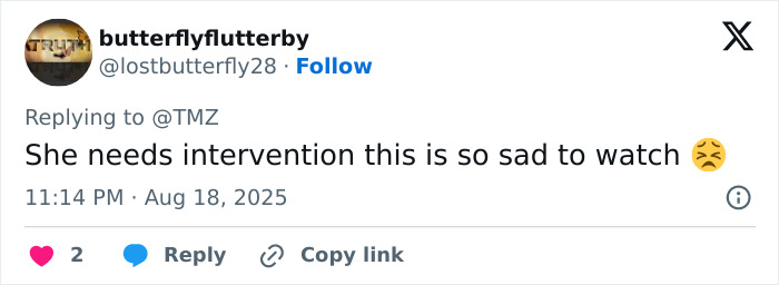 User tweet expressing concern about Britney Spears needing intervention after a video from a messy house sparks worry.