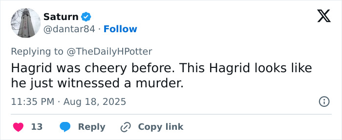 Tweet showing user Saturn commenting on a Harry Potter character looking deflated, reflecting mixed reactions to new actor and set photos. Tweet showing user Saturn commenting on a Harry Potter character looking deflated, reflecting mixed reactions to new actor and set photos.