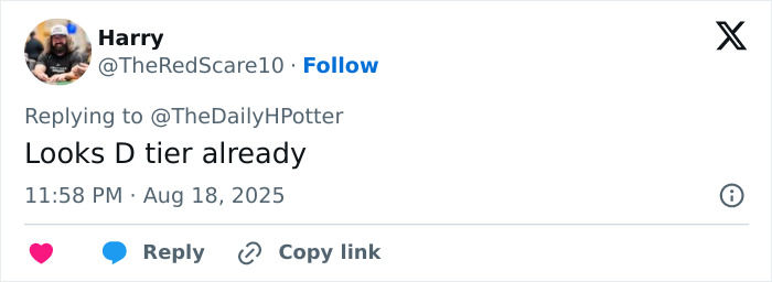 Twitter user Harry sharing a critical comment about deflated new photos of the actors and set from the Harry Potter series. Twitter user Harry sharing a critical comment about deflated new photos of the actors and set from the Harry Potter series.