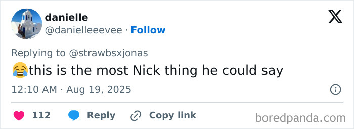 Screenshot of a Twitter reply reacting to Nick Jonas' revelation about never sitting in bed with his wife sparking mixed reactions. Screenshot of a Twitter reply reacting to Nick Jonas' revelation about never sitting in bed with his wife sparking mixed reactions.