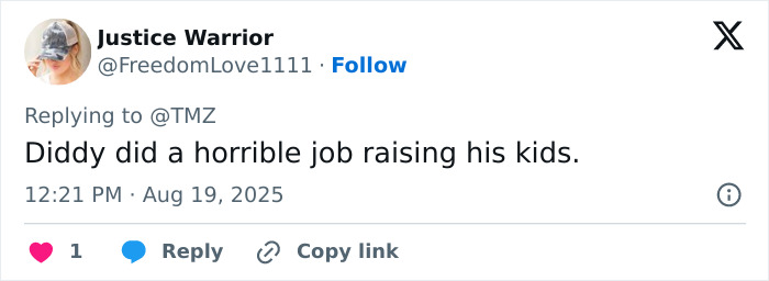 Screenshot of a social media comment criticizing Sean Diddy Combs' parenting after his twin daughters were kicked off a rollercoaster.