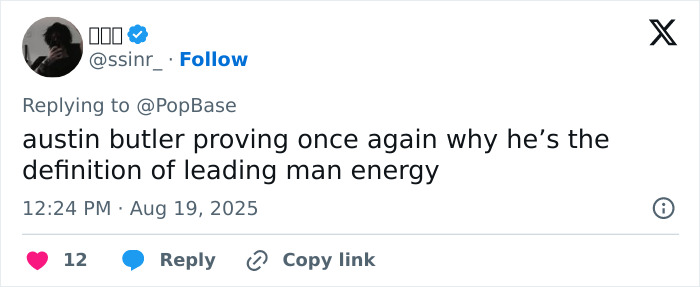 Tweet text praising Austin Butler demonstrating peak male body and leading man energy after health struggles.