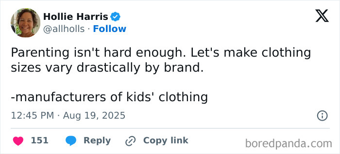 Tweet about parenting frustrations with kids' clothing sizes varying by brand, part of funny tweets collection.