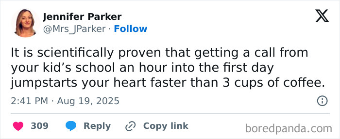Tweet about the surprising heart-racing effect of a kid’s school call, highlighting humor in parenthood tweets.