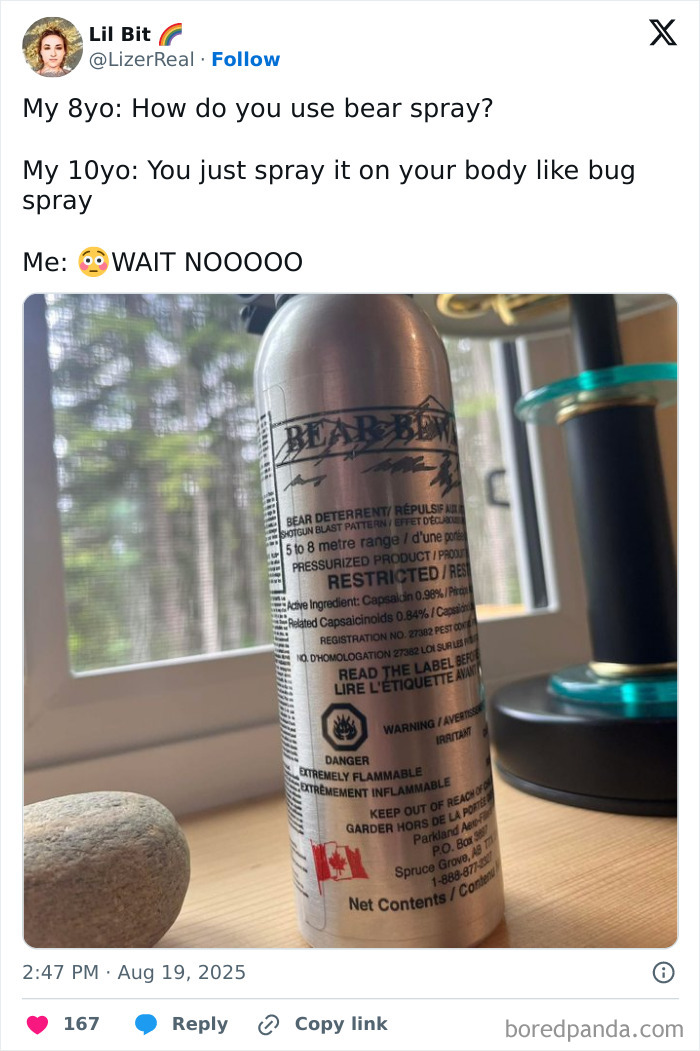 Tweet humor about kids and bear spray with a close-up image of a bear deterrent spray canister on a wooden table.