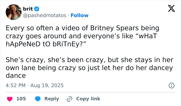 Tweet discussing Britney Spears' wild video causing major worry about her behavior in a messy house setting.