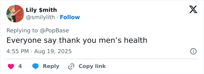 Tweet from Lily $mith expressing gratitude for men's health awareness with 4 likes and a reply option visible.