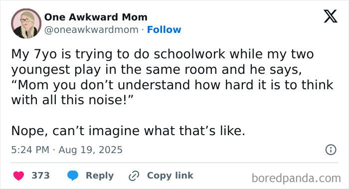 Tweet about a 7-year-old struggling to do schoolwork amid noisy younger siblings, showing humorous family moments.