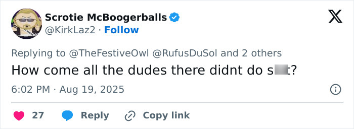 Tweet from user Scrotie McBoogerballs questioning bystander response during mom punched unconscious at concert after drink incident violent brawl.