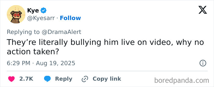Screenshot of a tweet discussing live bullying of a famous streamer during a video broadcast, raising concerns over inaction. Screenshot of a tweet discussing live bullying of a famous streamer during a video broadcast, raising concerns over inaction.