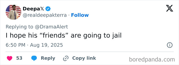 Tweet by user DeepaX responding to DramaAlert, commenting on friends facing jail amid famous streamer passing away live on air. Tweet by user DeepaX responding to DramaAlert, commenting on friends facing jail amid famous streamer passing away live on air.