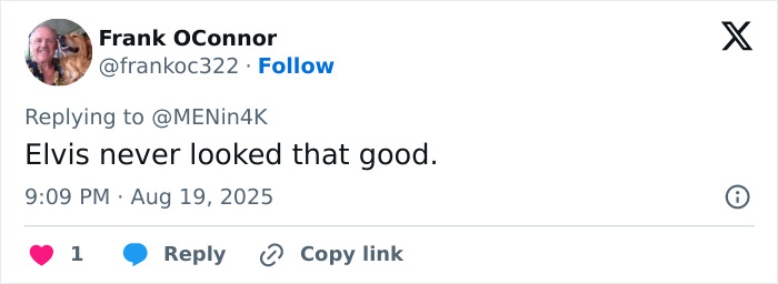 Tweet by Frank OConnor praising a peak male body, referencing Austin Butler's shirtless photoshoot after health struggles.
