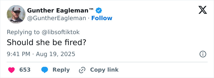 Tweet from Gunther Eagleman questioning if prosecutor who threatened cops should be fired, with user interaction icons visible.