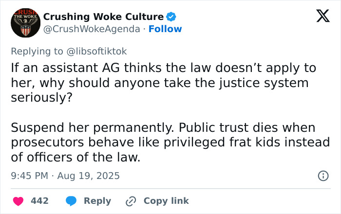 Tweet demanding the firing of a prosecutor who threatened cops during an arrest in a viral video, sparking public outrage.
