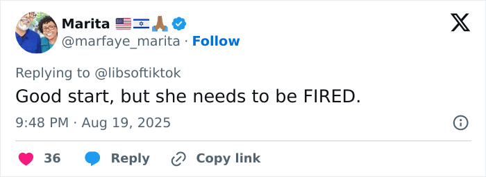 Screenshot of a social media reply saying she needs to be fired, related to prosecutor threatening cops video.