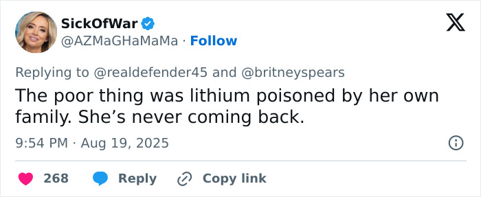 Tweet expressing concern about Britney Spears' wellbeing amid worries sparked by a messy house video intervention.