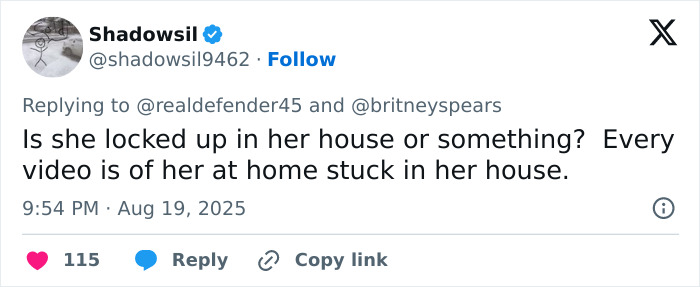 Social media post questioning Britney Spears' well-being, mentioning her stuck at home in a messy house video sparking intervention concerns.