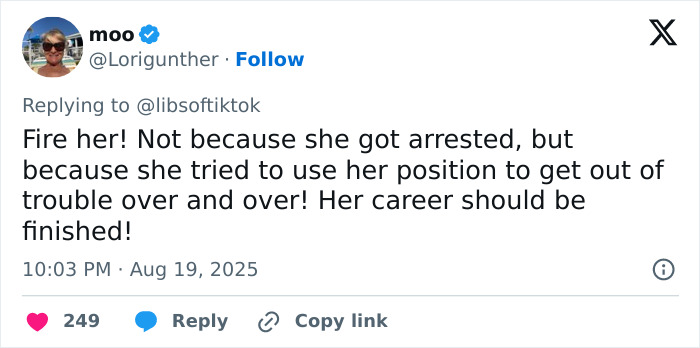 Tweet criticizing prosecutor who threatened cops during arrest, calling for her firing over misuse of position and viral video incident.