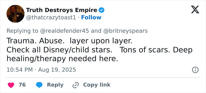 Tweet expressing concern about Britney Spears, highlighting trauma and the need for healing and therapy after a messy house video.
