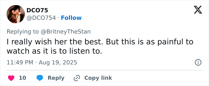 Tweet expressing worry and sympathy for Britney Spears after a wild video showing a messy house sparks major concern.