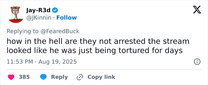 Tweet expressing outrage over streamer's live on-air suffering and prolonged agony before passing away. Tweet expressing outrage over streamer's live on-air suffering and prolonged agony before passing away.