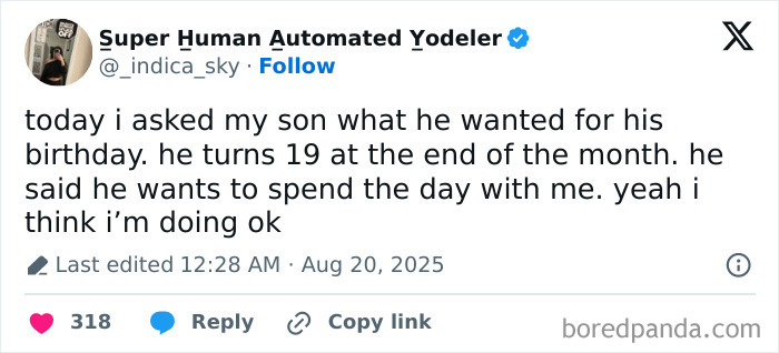 Parent tweet expressing joy about son's birthday wish highlights heartfelt moments in funny tweets about kids.