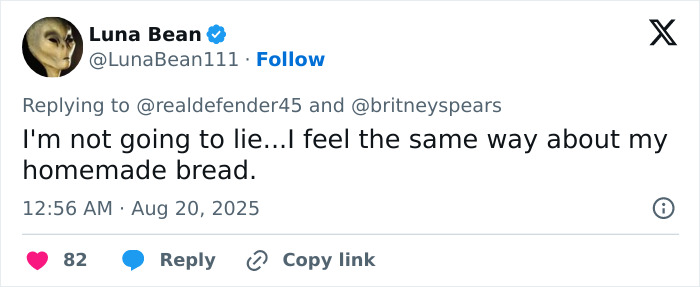 Twitter reply from Luna Bean expressing feelings about homemade bread, related to Britney Spears intervention concerns.