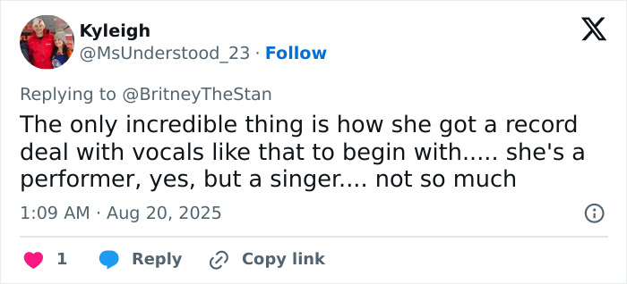 Tweet from Kyleigh expressing concern about Britney Spears' vocals despite her being a performer, related to wild video from messy house.