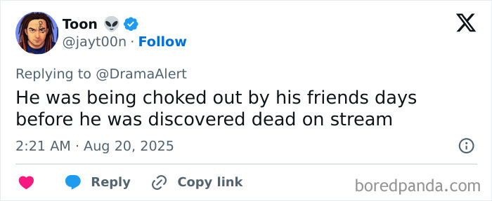Screenshot of a tweet discussing a famous streamer who passed away live on air after days of cruelty. Screenshot of a tweet discussing a famous streamer who passed away live on air after days of cruelty.