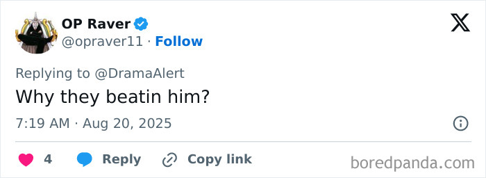 Screenshot of a social media reply questioning Why they beating him about a famous streamer passing away live on air. Screenshot of a social media reply questioning Why they beating him about a famous streamer passing away live on air.