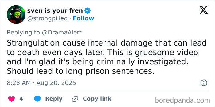Tweet discussing strangulation causing internal damage leading to death, related to a famous streamer passing away live on air. Tweet discussing strangulation causing internal damage leading to death, related to a famous streamer passing away live on air.