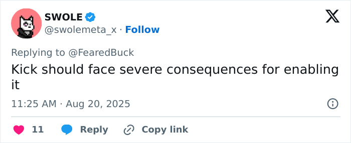 Tweet from user Swole discussing severe consequences for Kick following streamer’s horrifying passing live on-air. Tweet from user Swole discussing severe consequences for Kick following streamer’s horrifying passing live on-air.