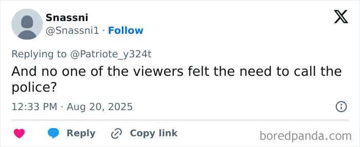 Tweet from user Snassni questioning why viewers did not call the police during famous streamer’s live tragedy. Tweet from user Snassni questioning why viewers did not call the police during famous streamer’s live tragedy.