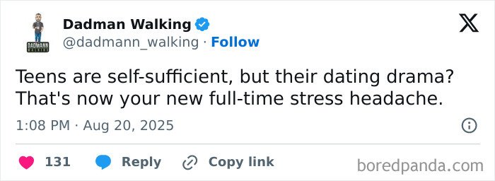 Tweet about teens’ dating drama as a new full-time stress, related to funny tweets without kids humor.