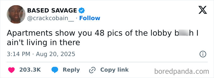 Screenshot of a funny and relatable tweet about apartment photos from a verified user on social media in August.