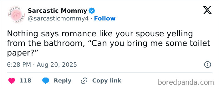 Tweet from Sarcastic Mommy humorously describing romance as spouse yelling for toilet paper from the bathroom, part of funny tweets about kids.