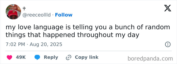 Tweet about love language shared by user reeceollld, one of 80 funny and relatable tweets from August for humor and relief.